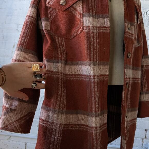 Red Plaid Flannel Jacket Gorpcore Utility Shacket Grunge Boho Chic Earthy Small - Picture 6 of 11